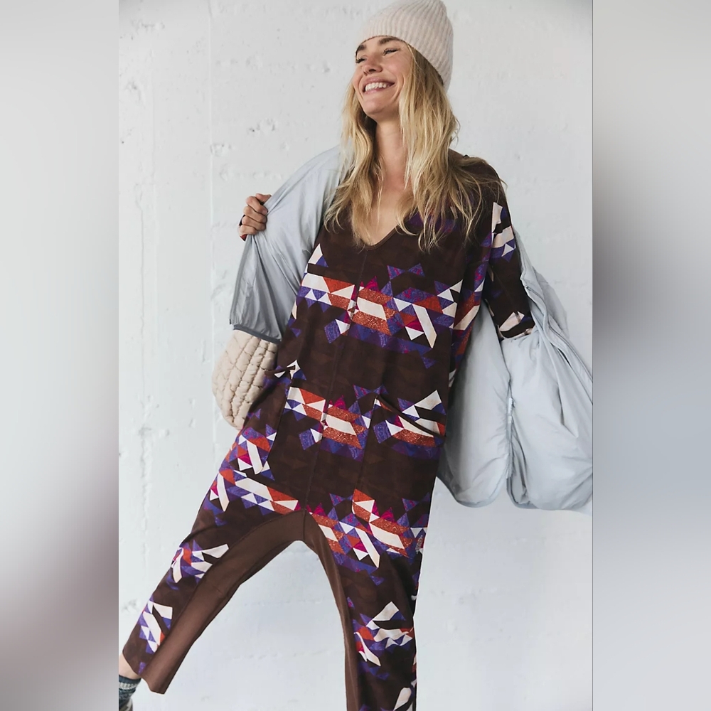 Free People Movement Hotshot printed longsleeve onesie in Delta Geo Cocoa Combo